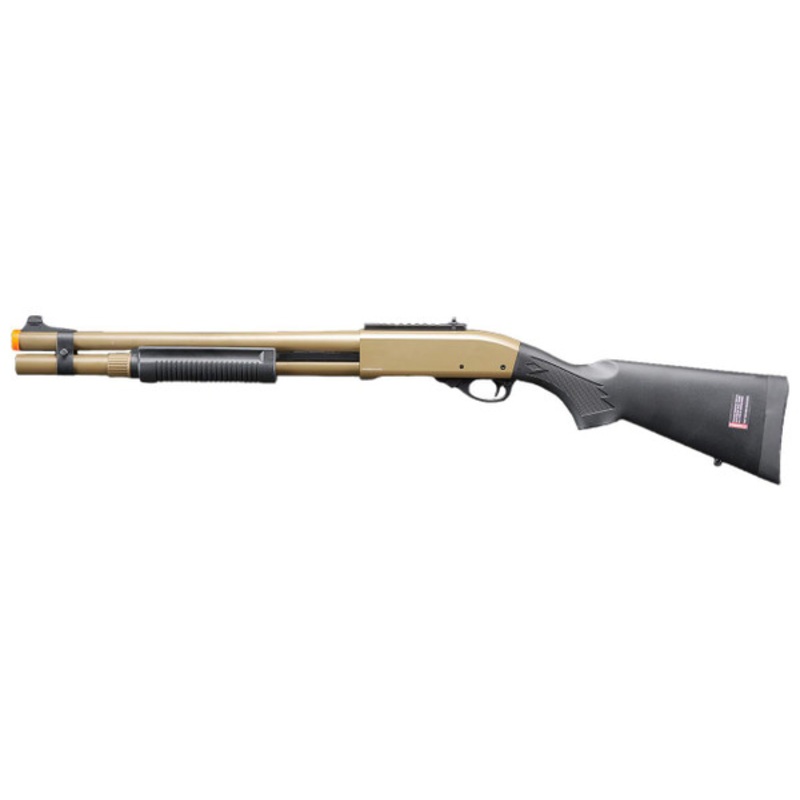 Golden Eagle M870 3/6-Shot Pump Action CO2 Airsoft Shotgun w/ Mock Shell Tube & Ghost Ring Iron Sights, Tan