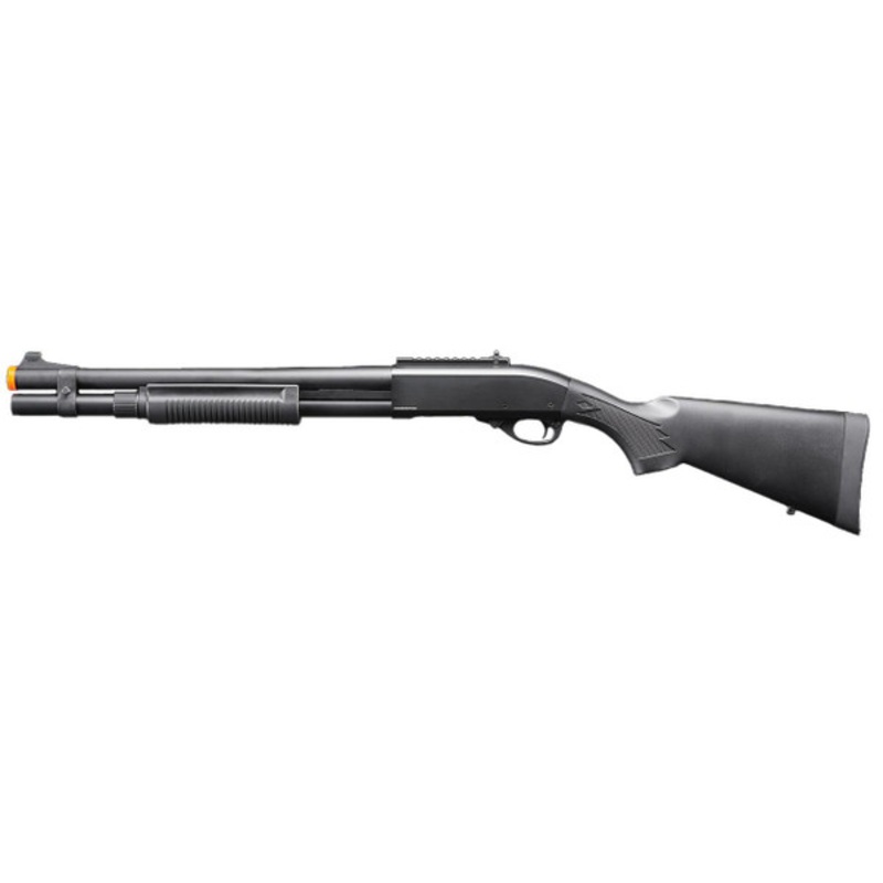 Golden Eagle M870 3/6-Shot Pump Action Gas Airsoft Shotgun w/ Mock Shell Tube & Ghost Ring Iron Sights, Black