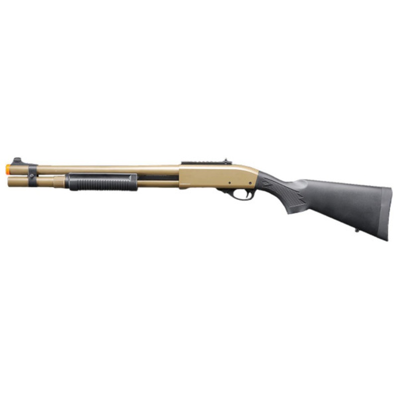 Golden Eagle M870 3/6-Shot Pump Action Gas Airsoft Shotgun w/ Mock Shell Tube & Ghost Ring Iron Sights, Tan