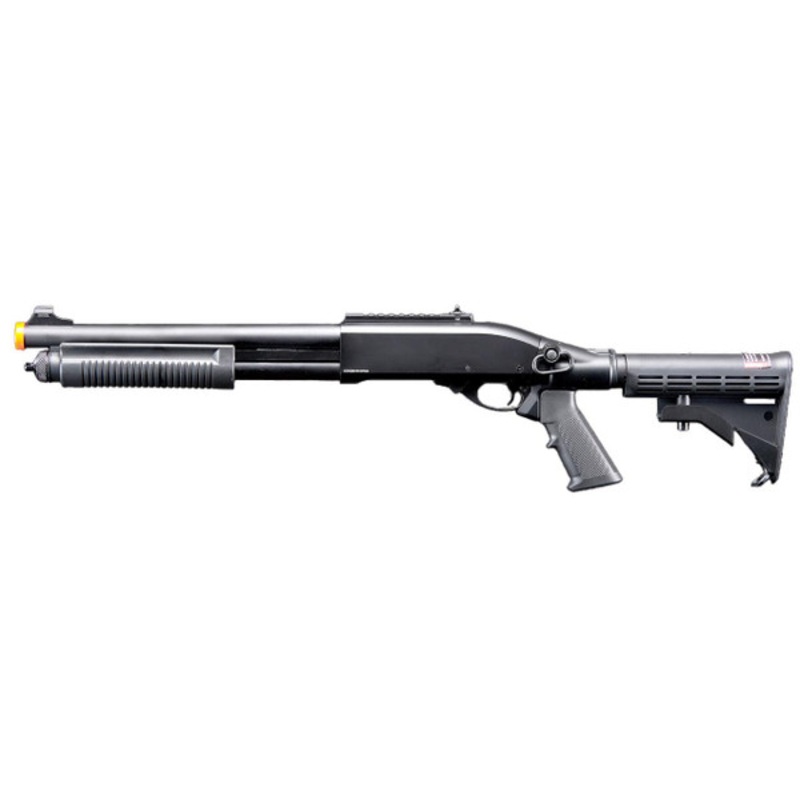 Golden Eagle M8871 3/6-Shot Pump Action CO2 Gas Airsoft Shotgun w/ Ghost Ring Iron Sights & M4 Crane Stock, Black