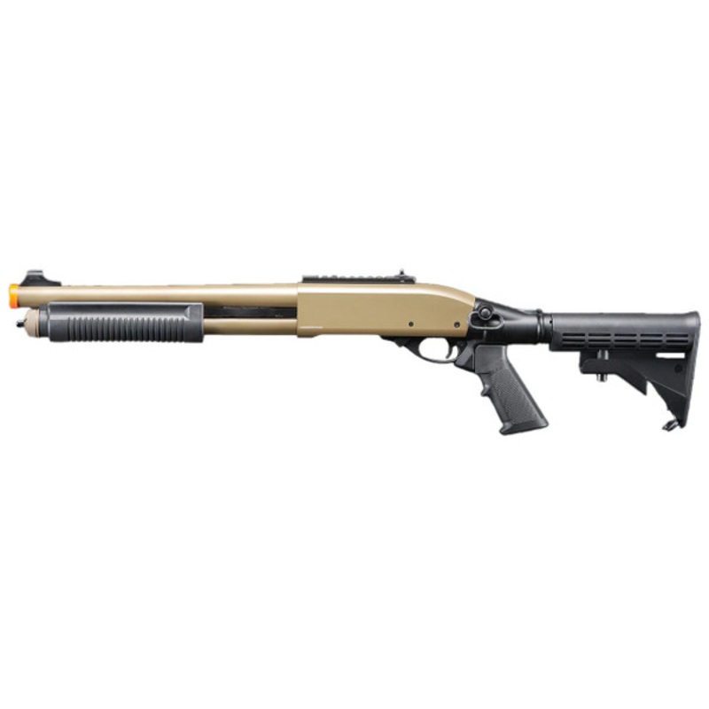 Golden Eagle M8871 3/6-Shot Pump Action CO2 Gas Airsoft Shotgun w/ Ghost Ring Iron Sights & M4 Crane Stock, Tan