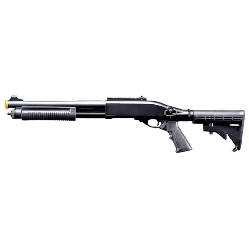 Golden Eagle M8871 3/6-Shot Pump Action Gas Airsoft Shotgun w/ Ghost Ring Iron Sights & M4 Crane Stock, Black