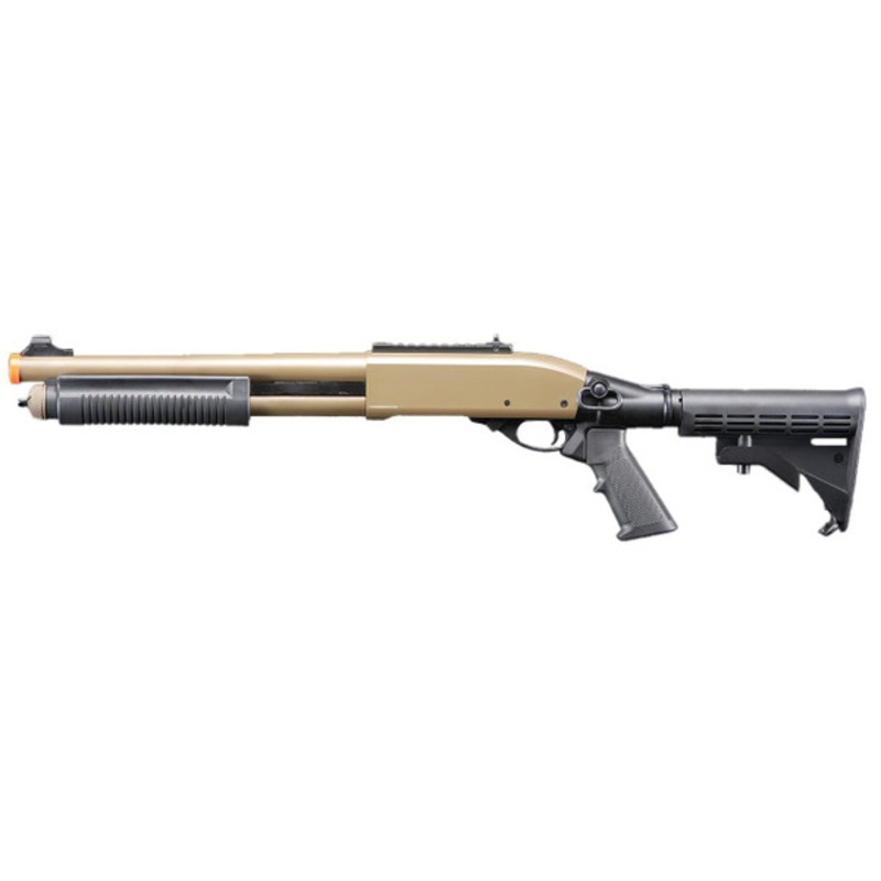 Golden Eagle M8871 3/6-Shot Pump Action Gas Airsoft Shotgun w/ Ghost Ring Iron Sights & M4 Crane Stock, Tan
