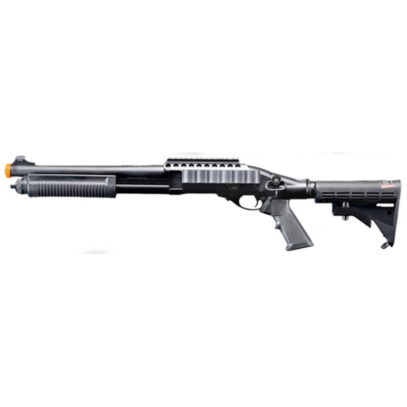 Golden Eagle M8873 3/6-Shot Pump Action CO2 Airsoft Shotgun w/ Optic Rail & M4 Crane Stock, Black