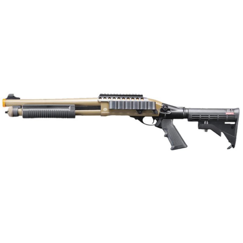 Golden Eagle M8873 3/6-Shot Pump Action CO2 Airsoft Shotgun w/ Optic Rail & M4 Crane Stock, Tan