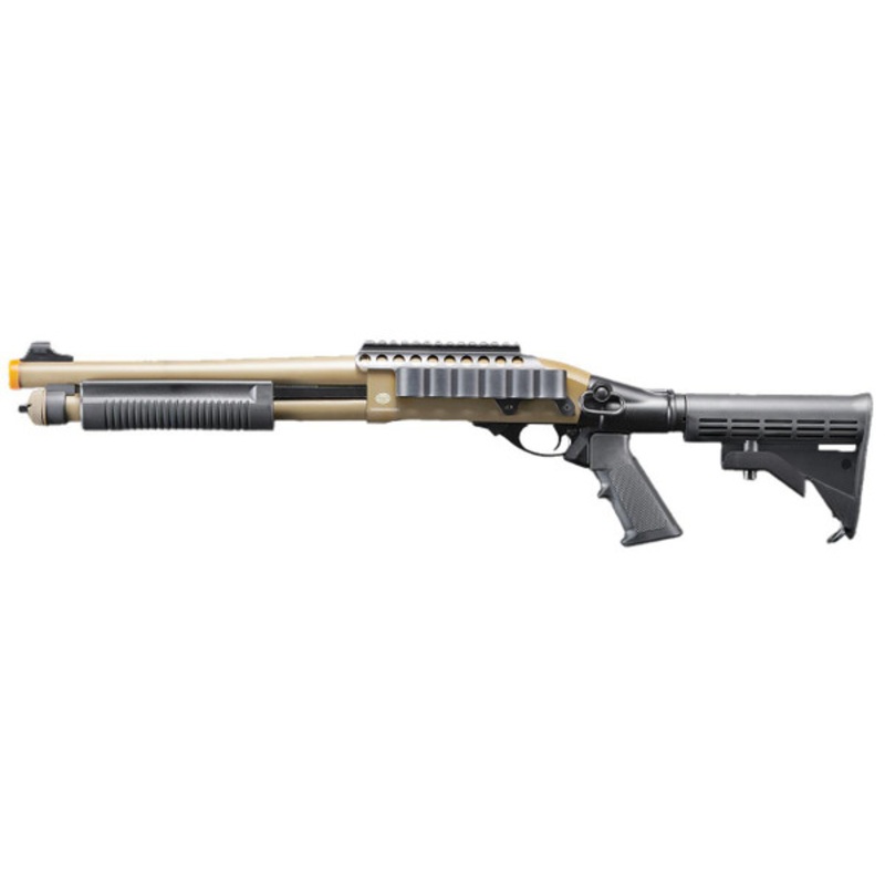 Golden Eagle M8873 3/6-Shot Pump Action Gas Airsoft Shotgun w/ Optic Rail & M4 Crane Stock, Tan