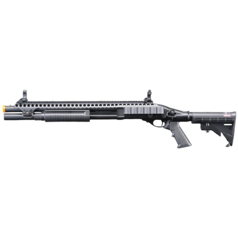Golden Eagle M8874 3/6-Shot Pump Action CO2 Airsoft Shotgun w/ Flip Up Sights, Picatinny Rail & M4 Crane Stock, Black
