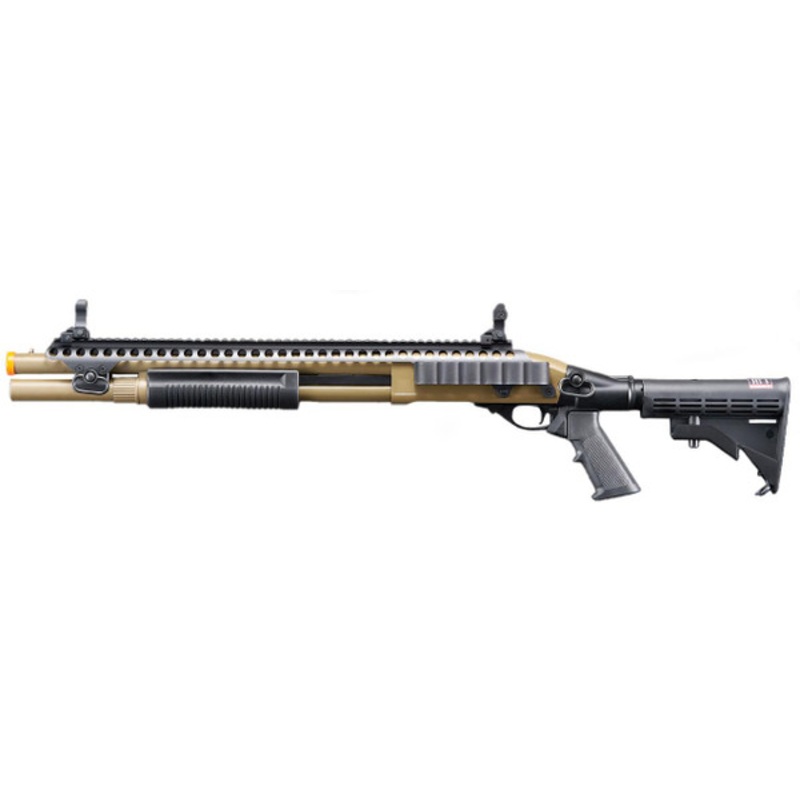 Golden Eagle M8874 3/6-Shot Pump Action CO2 Airsoft Shotgun w/ Flip Up Sights, Picatinny Rail & M4 Crane Stock, Tan
