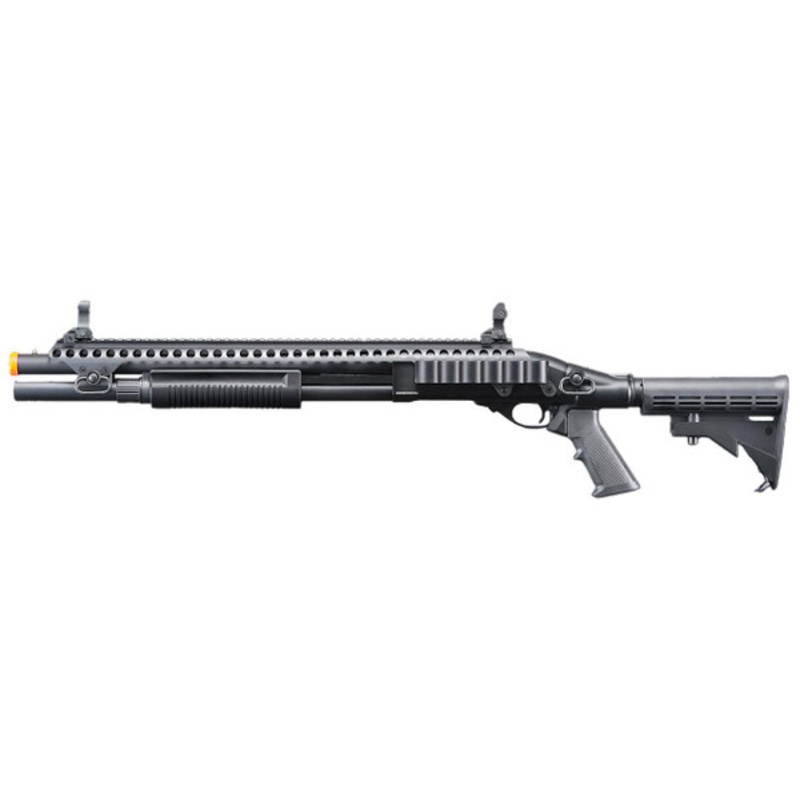 Golden Eagle M8874 3/6-Shot Pump Action Gas Airsoft Shotgun w/ Flip Up Sights, Picatinny Rail & M4 Crane Stock, Black