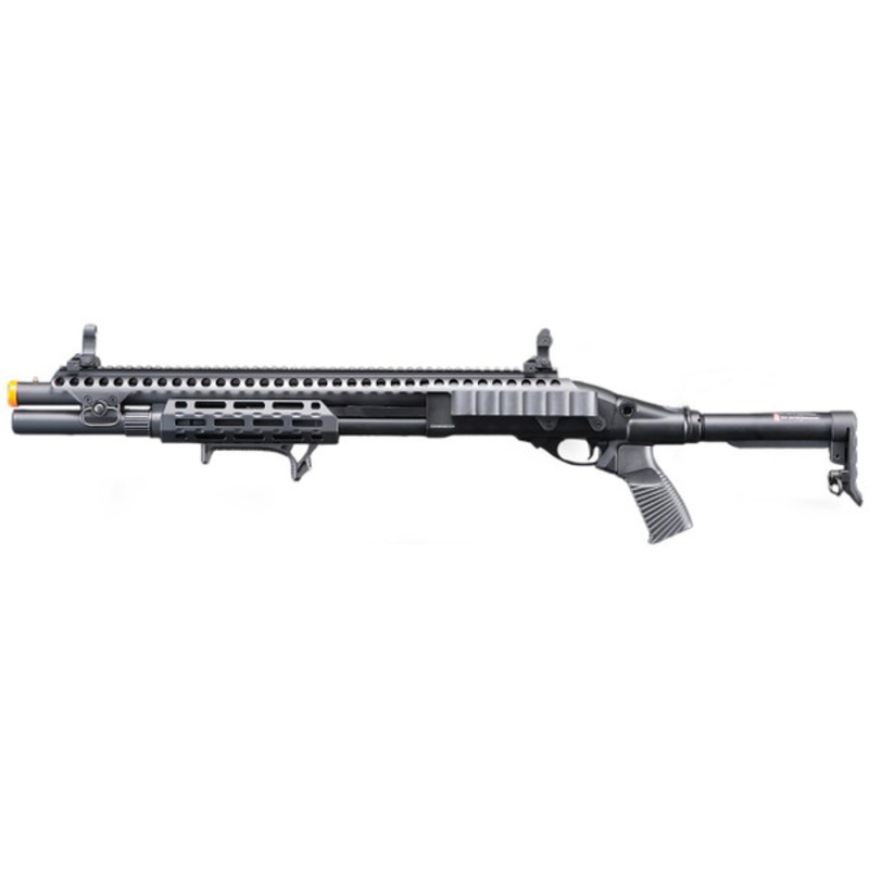 Golden Eagle M8875 3/6-Shot Pump Action CO2 Airsoft Shotgun w/ Flip Up Sights, M-LOK, Picatinny Rail & M4 Buffer Stock, Black