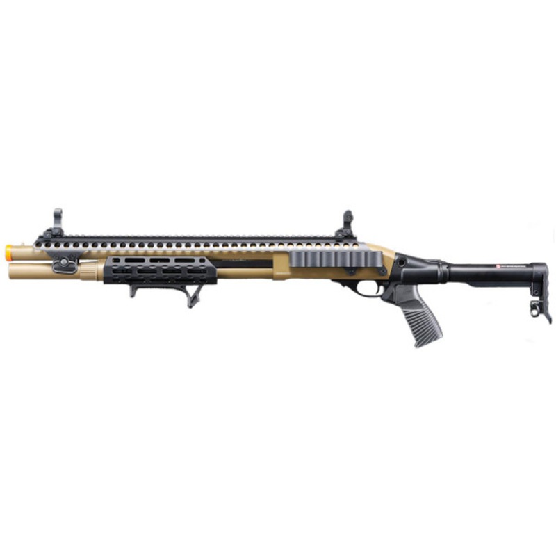 Golden Eagle M8875 3/6-Shot Pump Action CO2 Airsoft Shotgun w/ Flip Up Sights, M-LOK, Picatinny Rail & M4 Buffer Stock, Tan