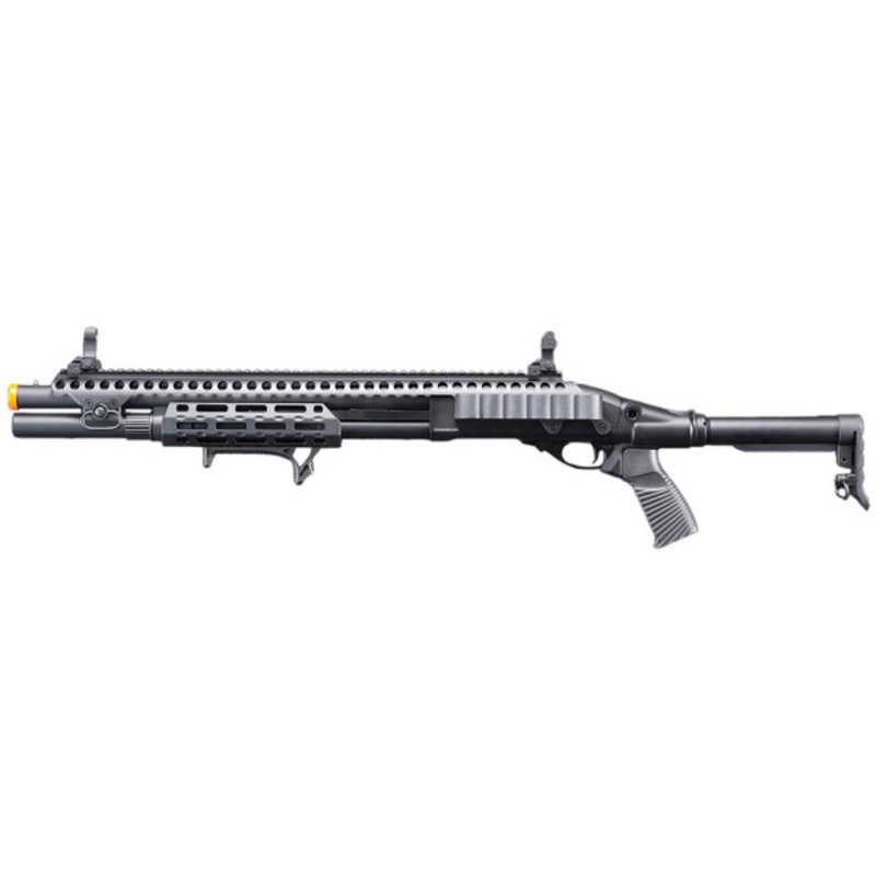 Golden Eagle M8875 3/6-Shot Pump Action Gas Airsoft Shotgun w/ Flip Up Sights, M-LOK, Picatinny Rail & M4 Buffer Stock, Black