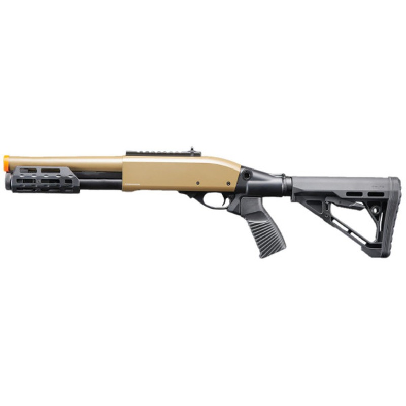 Golden Eagle M8878 3/6-Shot Pump Action Gas Airsoft Sawed-Off Shotgun w/ M-LOK Forend & Delta Stock, Tan