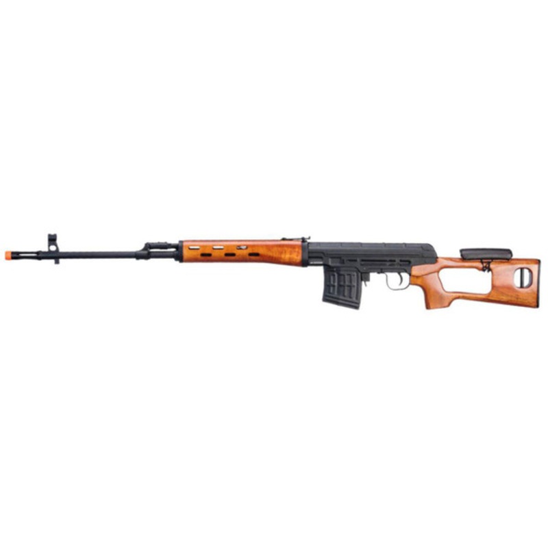 Atlas Custom Works SVD Dragunov Electric Airsoft Sniper Rifle w/ Real Wood Furniture & Fixed Sportsman Stock, Black/Wood