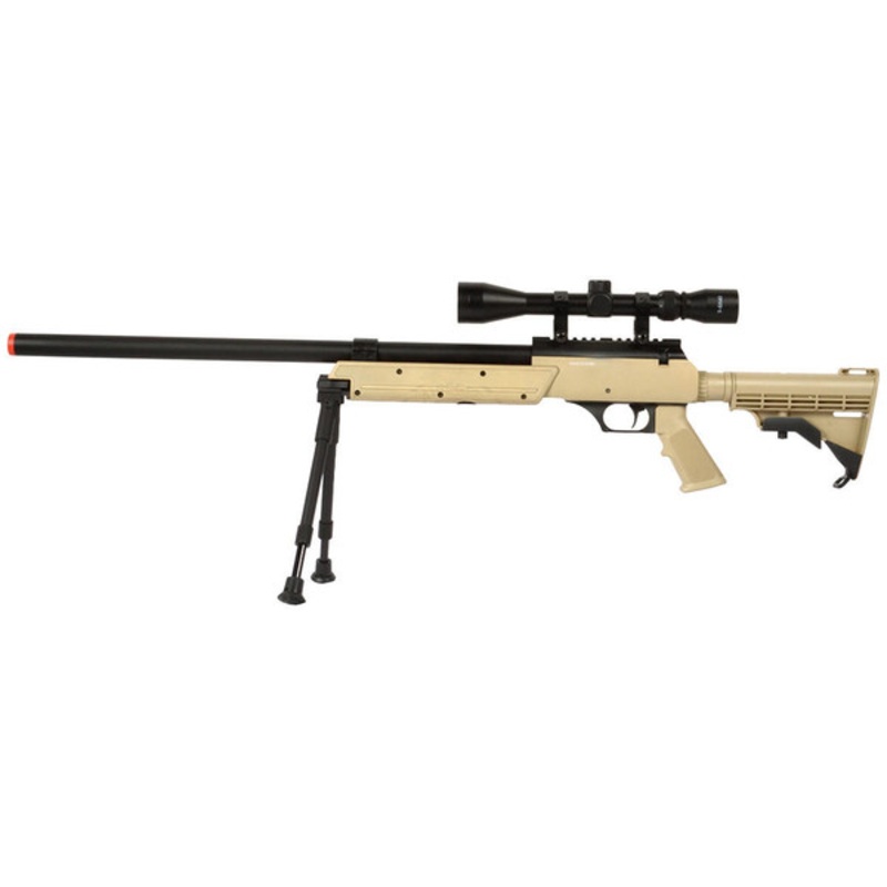 Well APS SR-2 Modular Bolt Action Airsoft Sniper Rifle w/ Scope & Bipod, Tan