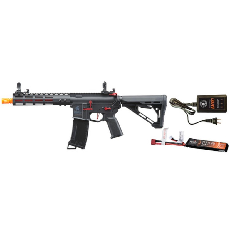 Lancer Tactical Gen 3 Archon 9 M-LOK M4 Airsoft AEG Rifle w/ Delta Stock w/ LiPO Battery/Charger Bundle, Black/Red