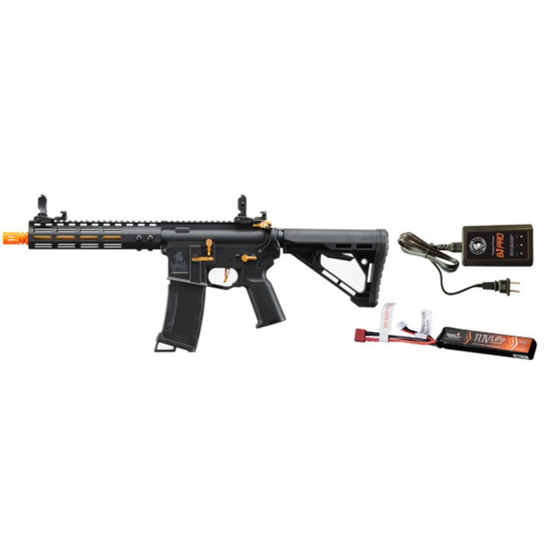 Lancer Tactical Gen 3 Archon 9 M-LOK M4 Airsoft AEG Rifle w/ Delta Stock w/ LiPO Battery/Charger Bundle, Black/Gold