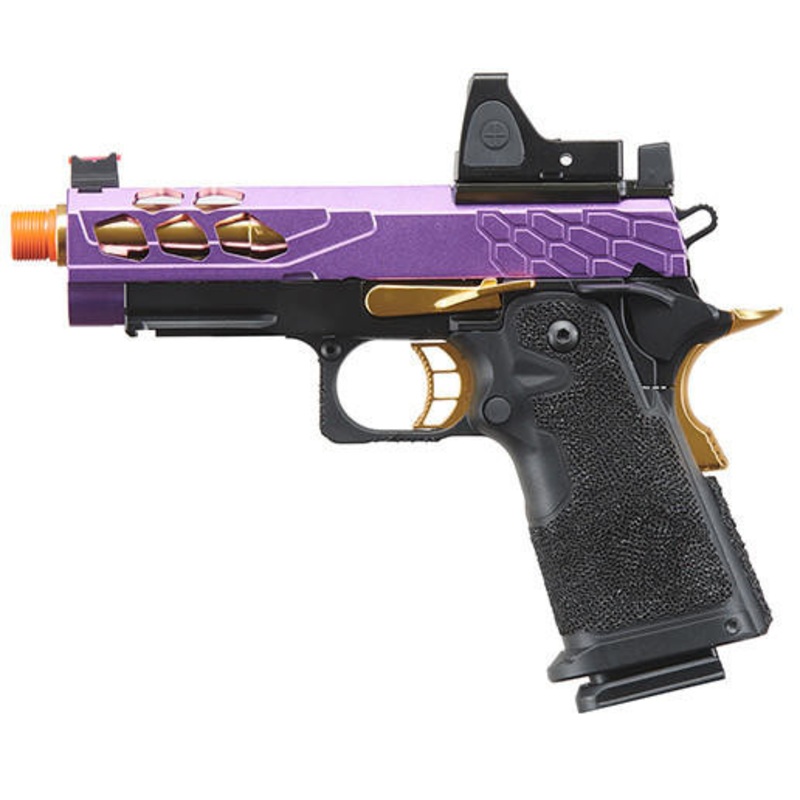 Lancer Tactical Stryk Hi-Capa 4.3 Gas Blowback Airsoft Pistol w/ Reflex Red Dot Sight, Black/Purple/Gold