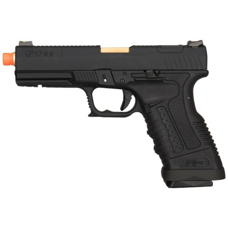 WE Tech GP1799 T1 Gas Blowback Airsoft Pistol, Black/Gold Barrel