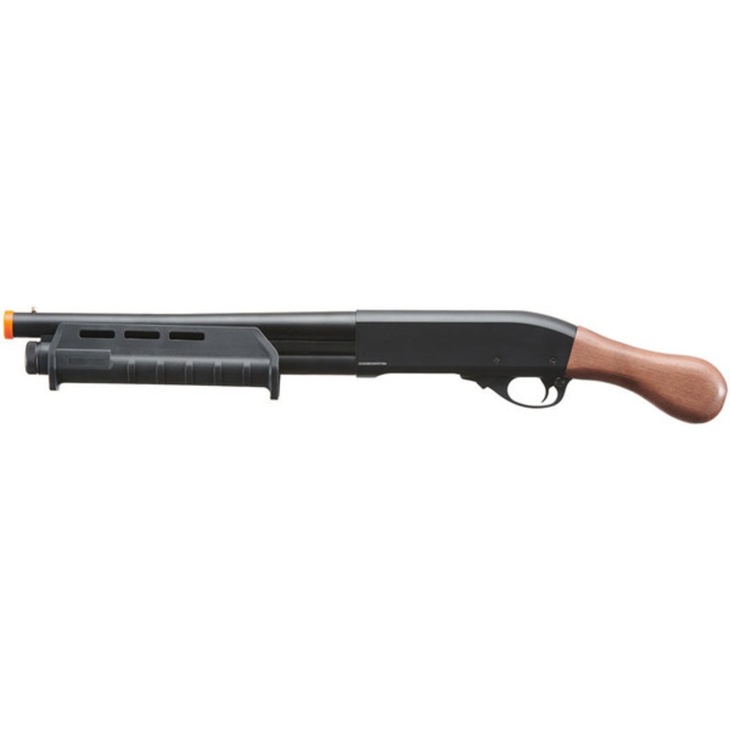 Golden Eagle Tactical M870 3/6-Shot Pump Action Sawed-Off Gas Airsoft Shotgun, Wood/Black