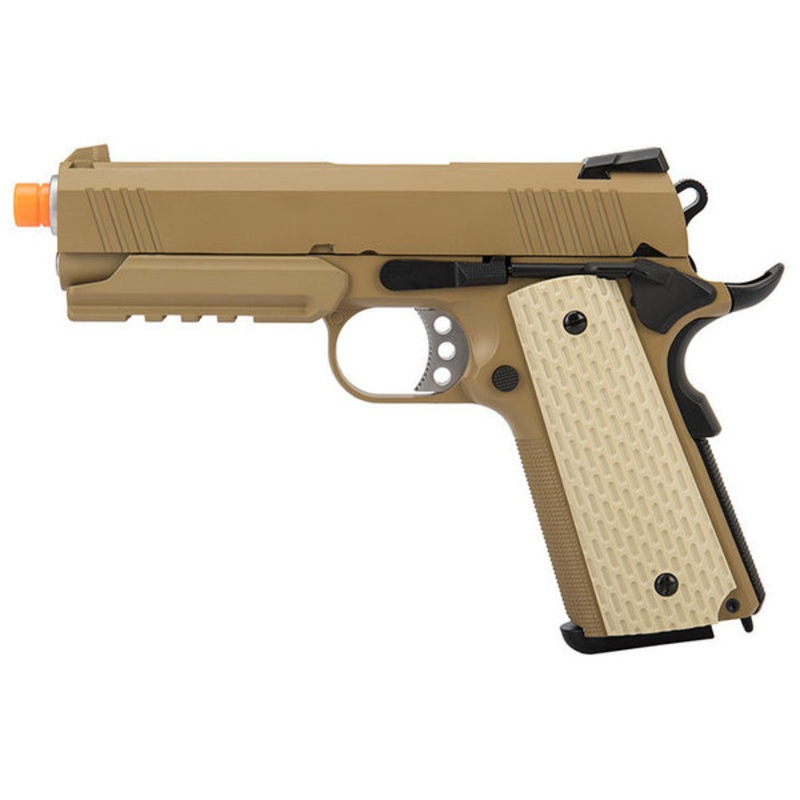 WE Tech Kimber Style 1911 Skeletonized Trigger Gas Blowback Airsoft Pistol, Tan