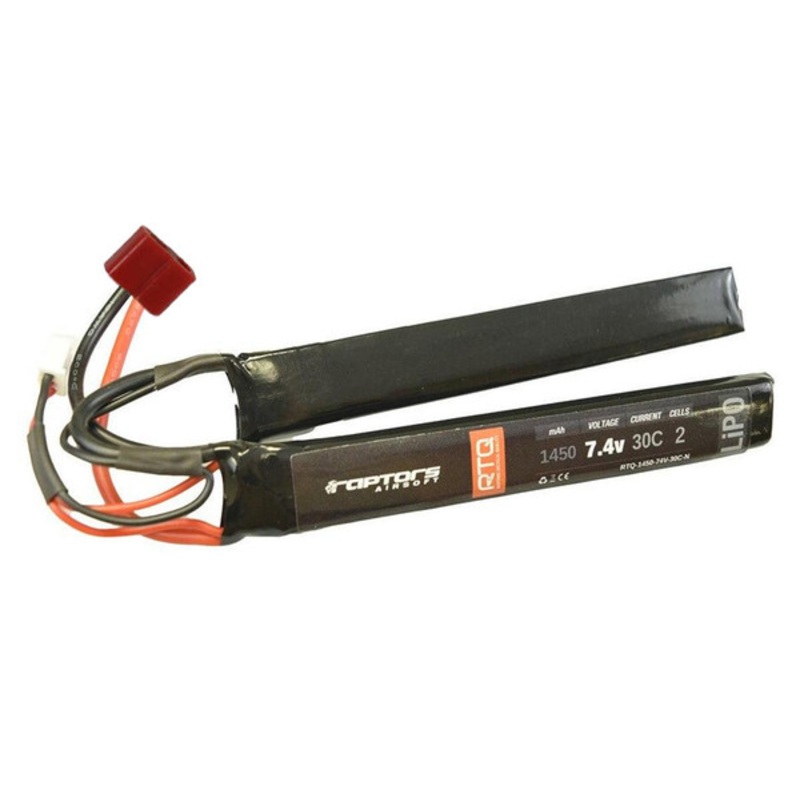 Raptors Airsoft RTQ 7.4v 1450 mAh 30C Nunchuck LiPO Battery, Deans / T-Plug