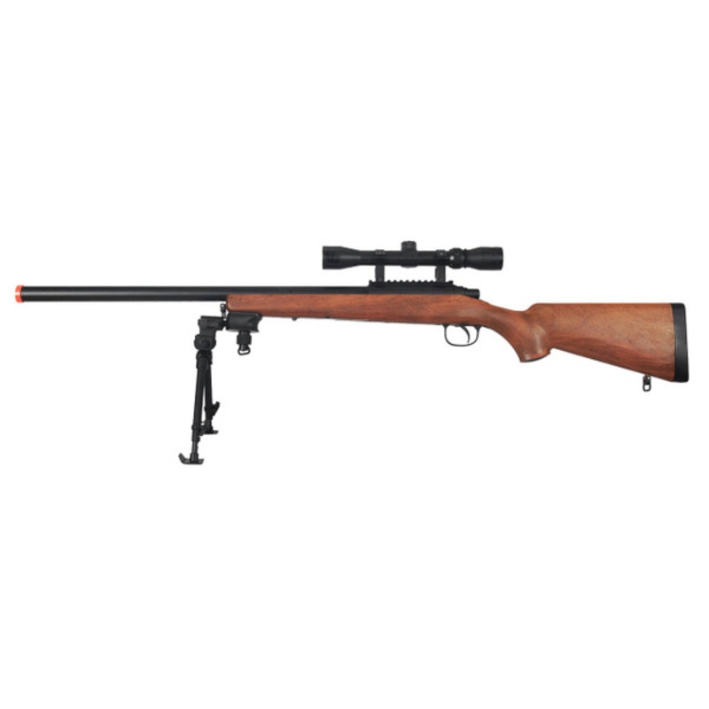 AGM Bolt Action Airsoft Sniper Rifle with Scope & Bi-Pod, Wood