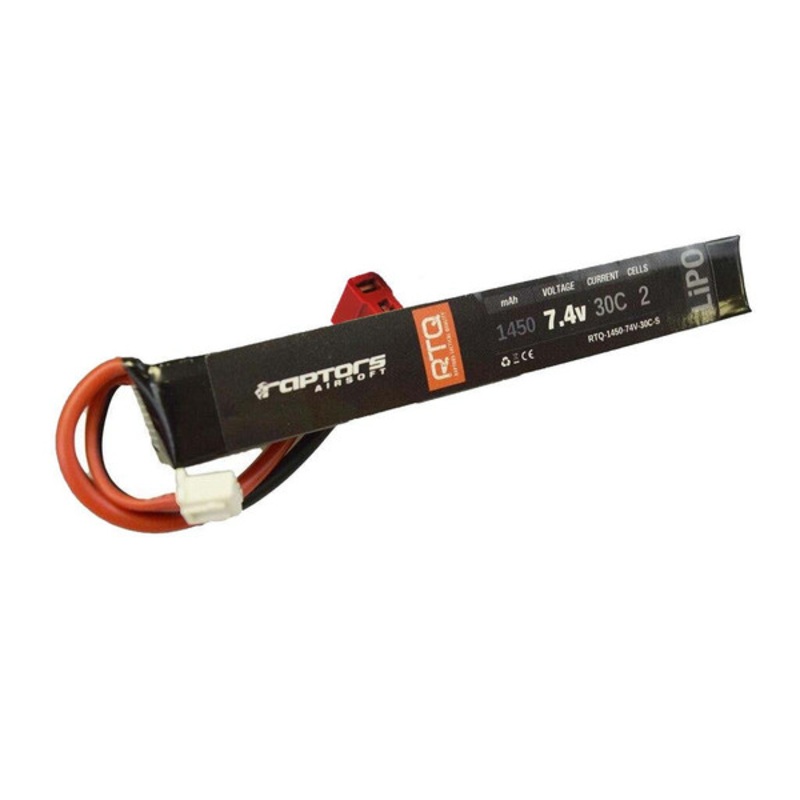 Raptors Airsoft RTQ 7.4v 1450 mAh 30C Stick LiPO Battery, Deans / T-Plug