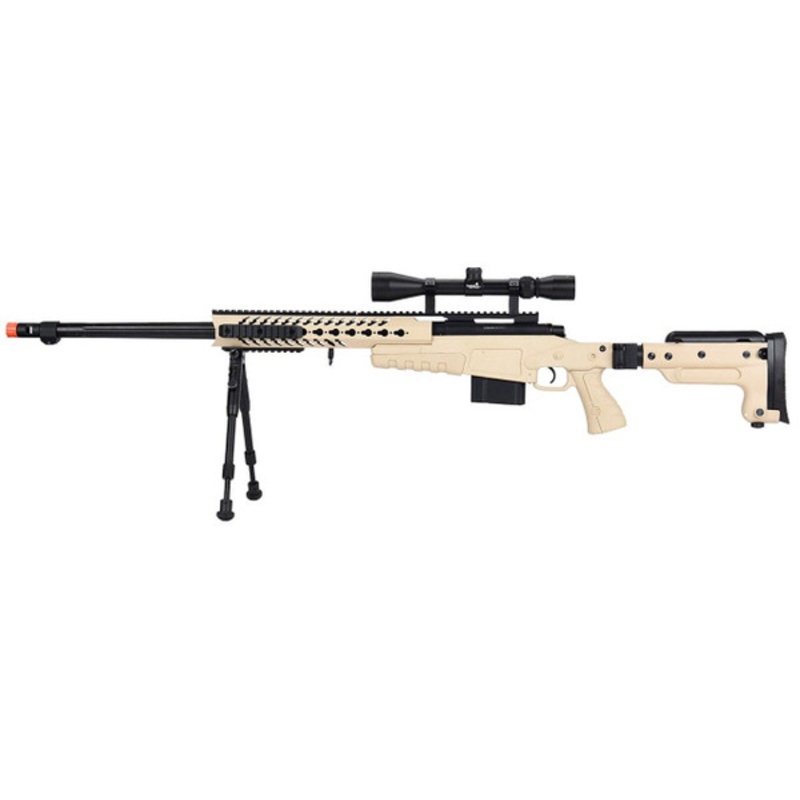 WellFire MB4418-3 Bolt Action Airsoft Sniper Rifle w/ Scope & Bipod, Tan