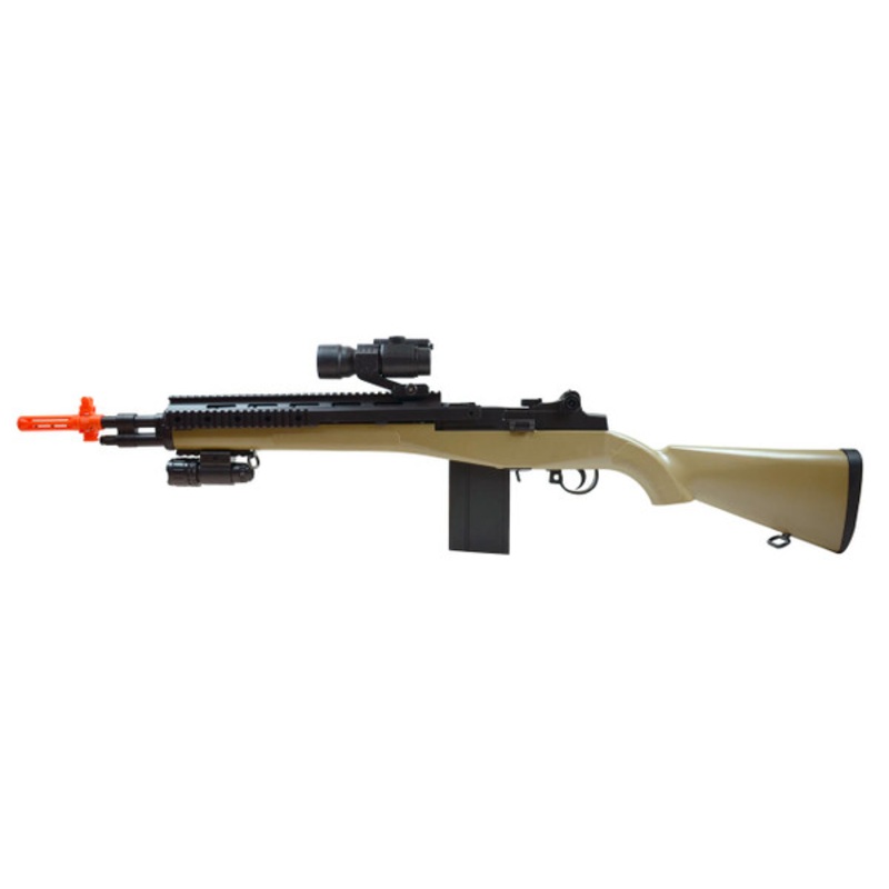 AGM M14 SoCom Spring Airsoft Rifle w/ Red Dot Scope & Flashlight, Tan