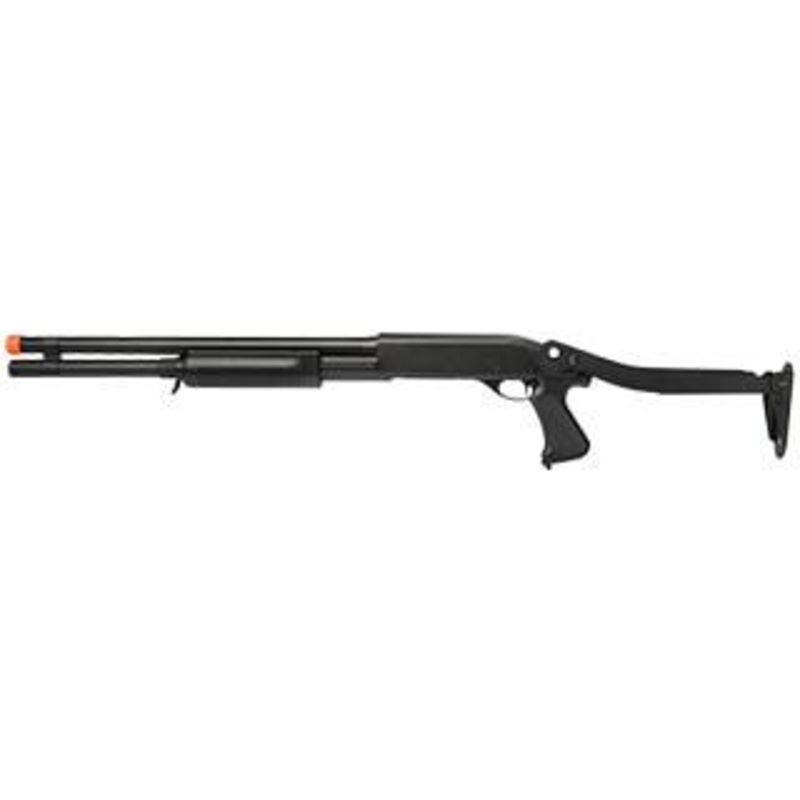 Lancer Tactical Tri-Shot Long Barrel Airsoft Shotgun w/ Folding Stock, Black
