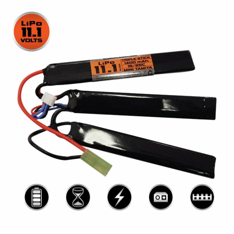 Valken 11.1V 1400mAh 25C Triple Split Airsoft LiPO Battery, Small Tamiya