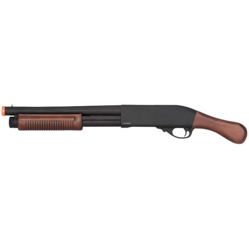 Golden Eagle M870 3/6-Shot Pump Action Sawed-Off Gas Airsoft Shotgun, Black / Wood