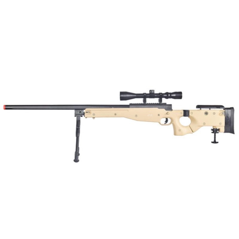 WELL MB08TAB L96 AWP Bolt Action Airsoft Rifle with Folding Stock Bipod & Scope, Tan/Black