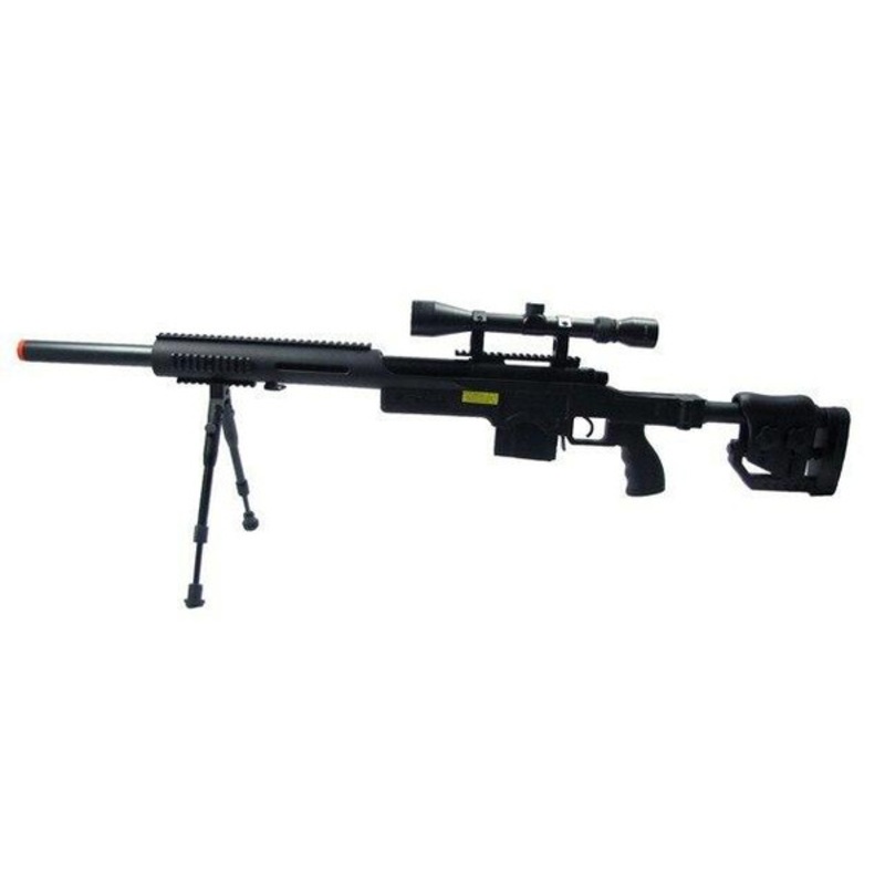 WELL Airsoft Spring Scout Sniper Rifle with Folding Stock, Scope, Bipod, & Tubular RIS