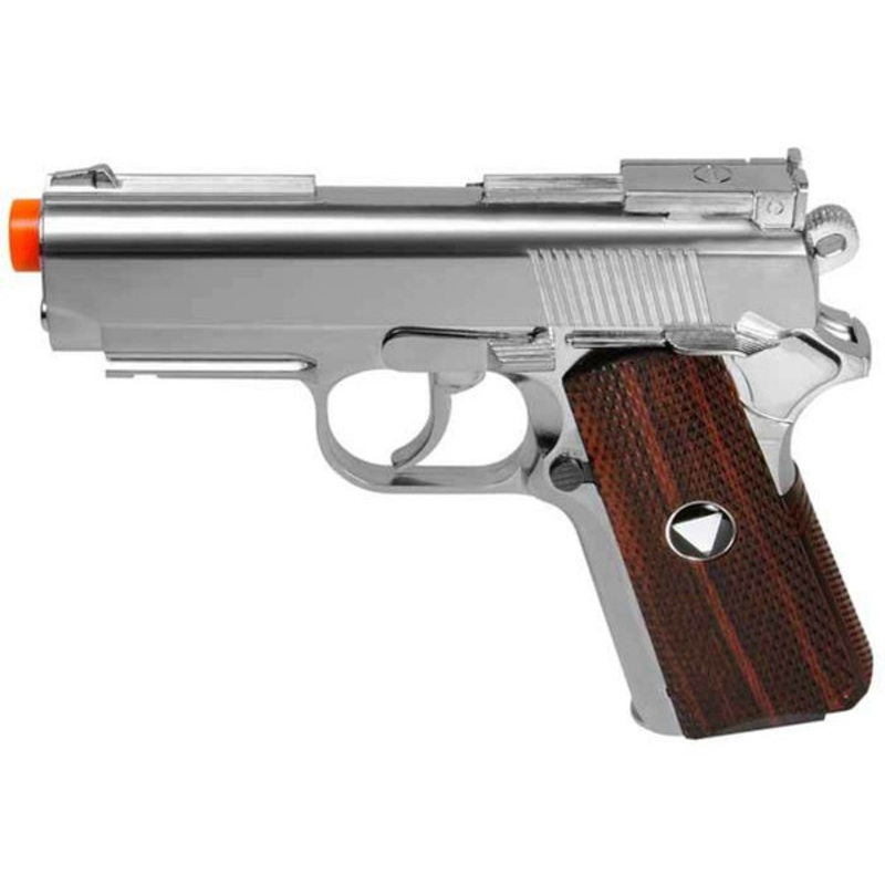 Win Gun Metal M1911 CO2 Pistol, Chrome w/ Wood Grip