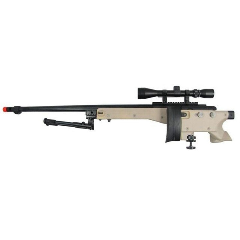 WELL L96 Airsoft Spring Sniper Rifle with Folding Stock, Scope, Bipod, and Monopod – FDE/Tan