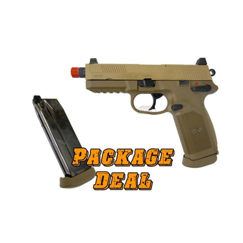FN Herstal FNX-45 Tactical Metal Gas Blowback Airsoft Pistol, Tan – Combo Package