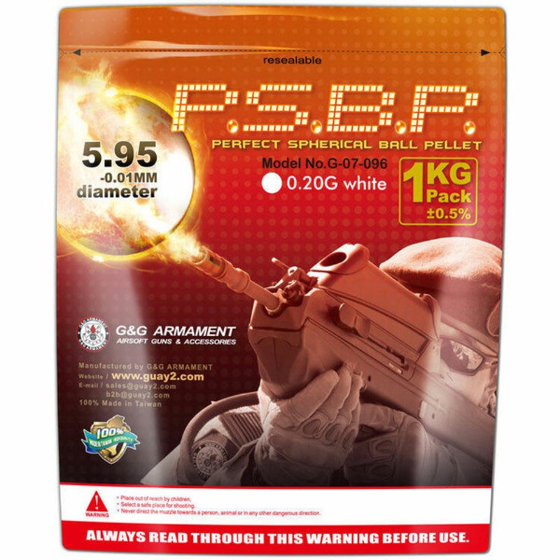 G&G Perfect Spherical BBs, 0.20g, 1KG, White, 5000 Rounds