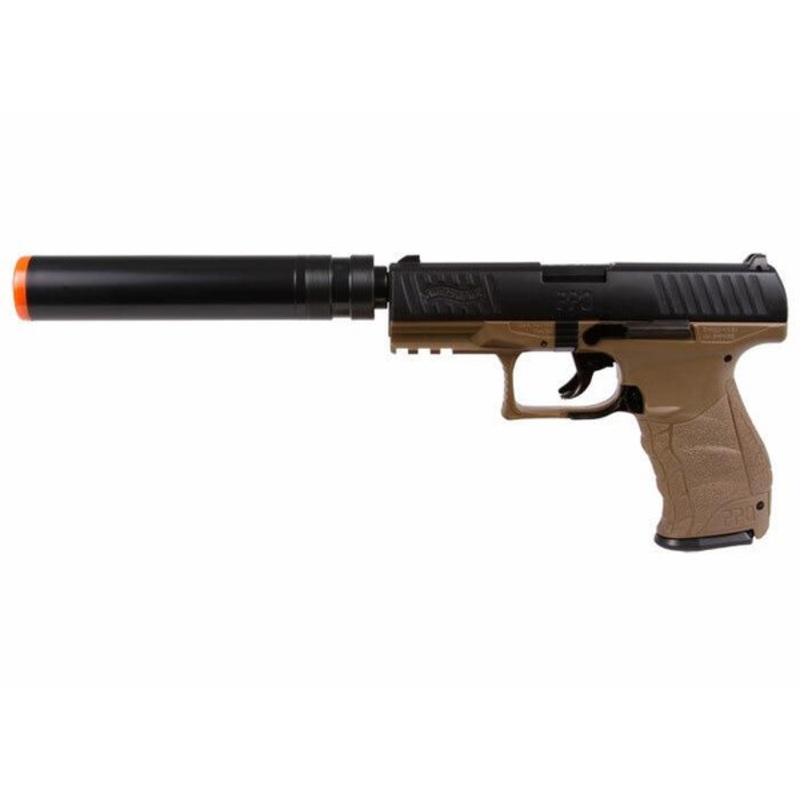 Walther PPQ Combat Airsoft Spring Pistol Kit with Fake Silencer and Extra Magazines and BBs, Dark Earth